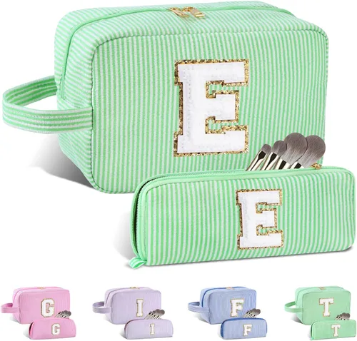 Vista 185 de Bolsa de maquillaje personalizada con inicial A-Z para mujeres, niñas y niños, bolsa de aseo de viaje, bolsa de maquillaje preparada, bolsa