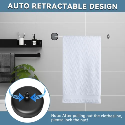 Vista 3 de SUS304 Tendedero retráctil con cuerda de ropa de nylon ajustable para cuarto de baño Lavandería Hoteles (negro)