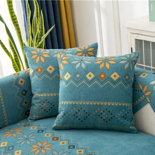 Vista 15 de Funda de sofá de chenilla para sofá modular, diseño geométrico bohemio y jacquard antideslizante, protector de muebles para niños, perros y Azul