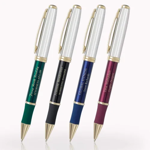 Vista 2 de 1 bolígrafo de metal ejecutivo grabado con láser personalizado en color negro clásico con detalles en tono dorado. Tinta negra.