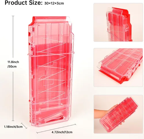 Vista 4 de Clips de revista, 10 dardos de recarga rápida, clips de bala para Nerf Centurion y Motostryke MEGA Blasters, 3 piezas (transparente y rojo)