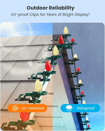 Vista 5 de SURAIELEC C9 Luces LED de Navidad con clips, 67 pies, 100 luces de techo de Navidad para exteriores con clips de resorte, luces de cadena rojas