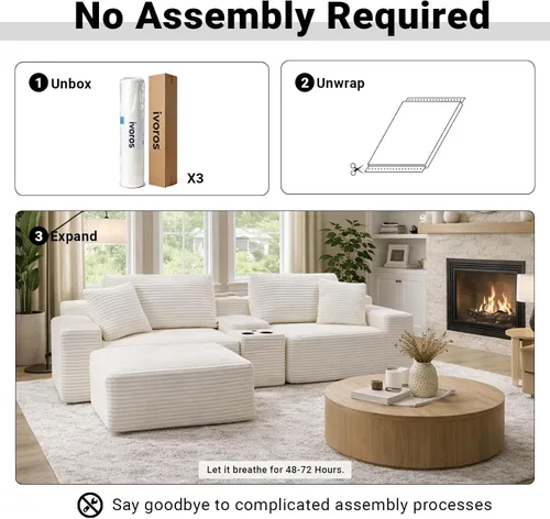 Vista 6 de ivoros Sofá modular modular de 111 pulgadas, sofá de nube moderno de gran tamaño para sala de estar, sofás en forma de L con otomanas, puertos USB