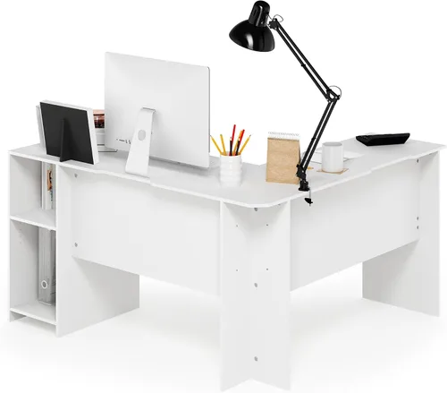 Vista 12 de Furinno Escritorio clásico, escritorio para juegos en forma de L de 40 pulgadas de ancho, escritorio para computadora, escritorio con estantes