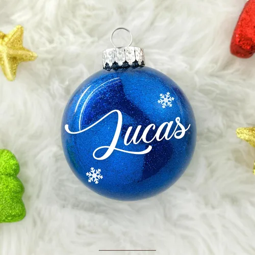 Vista 3 de Adorno de Navidad personalizado, bola de purpurina con nombre personalizado, plástico inastillable, tamaños, incluye caja de regalo, decoración