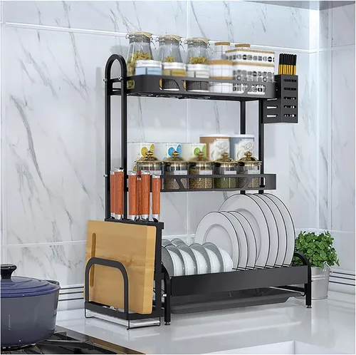 Vista 9 de Escurridor de platos que ahorra espacio de 2 niveles para encimera de cocina, bandeja escurridor de platos de acero inoxidable con soporte