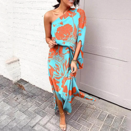 Vista 2 de Yubnlvae Vestidos de verano para mujer, estampado floral, un hombro, manga de mariposa, dobladillo asimétrico, vestidos delanteros cruzados