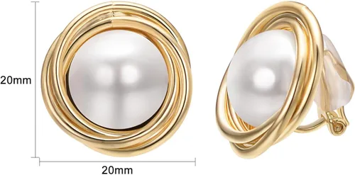 Vista 15 de Yoursfs Aretes de clip de perlas blancas grandes para mujer, chapados en oro de 18 quilates, hipoalergénicos, sin perforaciones, joyería brillante