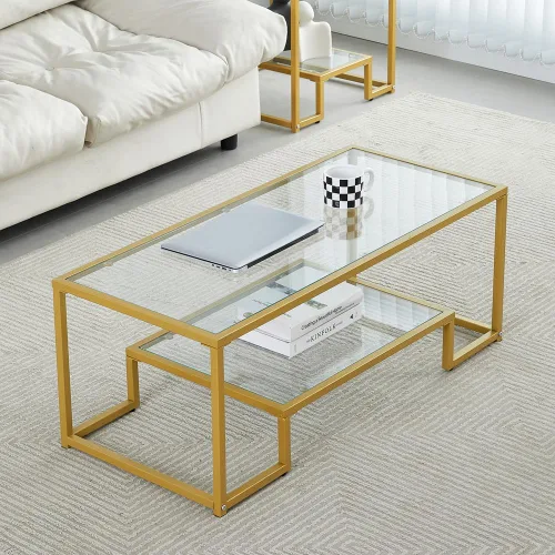 Vista 14 de Mesa de centro de cristal de metal negro, mesa de centro simple para sala de estar, hogar, mesa de centro con marco de metal con 2 estantes, mesa