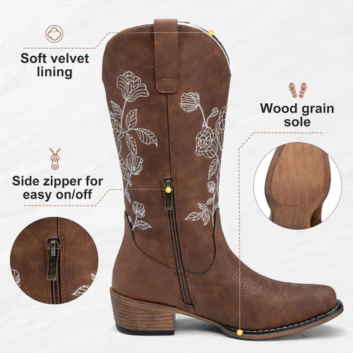 Vista 4 de Jeossy Botas vaqueras a media pantorrilla con bordado de flores, tacón bajo, botas vaqueras occidentales 9807 para mujer