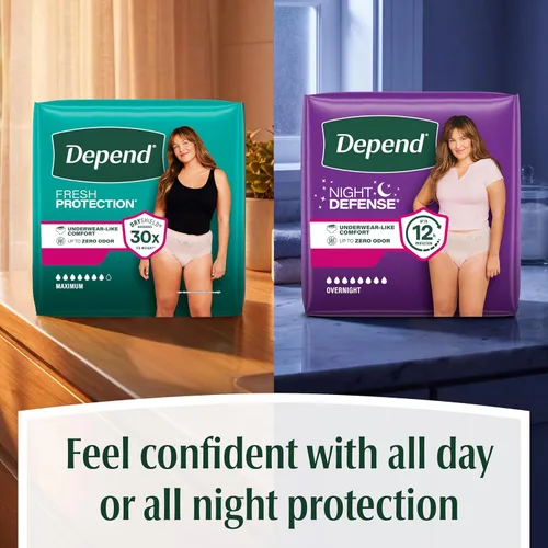 Vista 9 de Depend Night Defense - Pañales para adultos, ropa interior para incontinencia y fugas de vejiga posparto para mujer, desechables, durante la noche