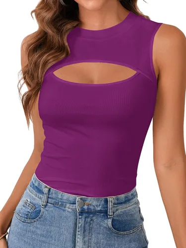 Vista 10 de Vrtige Camiseta sin mangas sexy con cuello redondo para mujer, de punto acanalado, sin mangas, ajustada