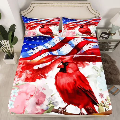 Vista 2 de Erosebridal Juego de sábanas de cardenal con bandera estadounidense, tamaño individual, coloridas flores florales, sábana bajera ajustable con ramas
