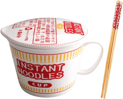 Vista 8 de Cuenco de fideos instantáneos de cerámica con tapa, taza creativa para sopa de ramen, cuenco para almuerzo para estudiantes (color azul, tamaño: S)