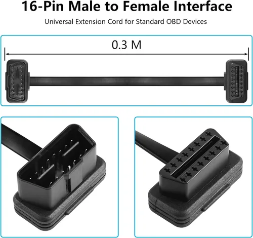 Vista 2 de CERRXIAN 1FT 0.3M OBDII OBD2 ángulo recto 16 Pin macho a hembra Cable de extensión, herramienta de escaneo OBDII Extensor de diagnóstico Cable