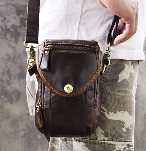 Vista 2 de Le'aokuu Bolso de hombro de mensajero pequeño casual de cuero original para hombre, bolso de cinturón de cintura a la moda, paquete de cigarrillos