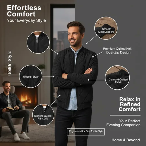 Vista 3 de Men’s Bomber Jacket Diamond Quilted Rib Varsity Zip Lightweight Jackets Fall Winter Warm Fleece Padded Coats Outwear