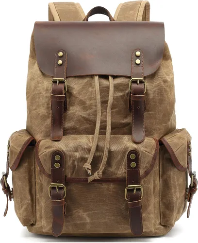 Vista 9 de HuaChen Mochila vintage de lona encerada con solapa de cuero genuino, mochila de viaje y trabajo, resistente al agua con bolsillo antirrobo, grande