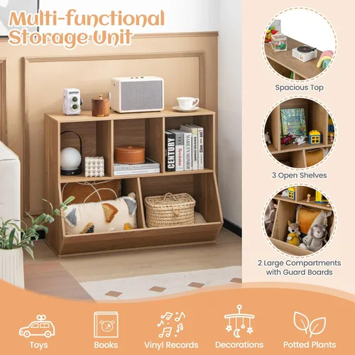 Vista 3 de KOTEK Organizador de almacenamiento de juguetes de 5 cubos, gabinete de almacenamiento de juguetes de madera, estante abierto para juguetes, Natural