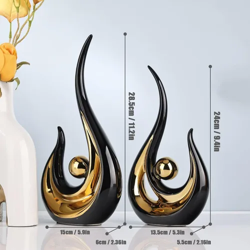Vista 2 de XMGZQ 2 piezas Estatua de Arte Abstracto Moderno en Negro y Oro para Decoración de Mesa, Elegante Estatua de Cerámica para Acento de Decoración