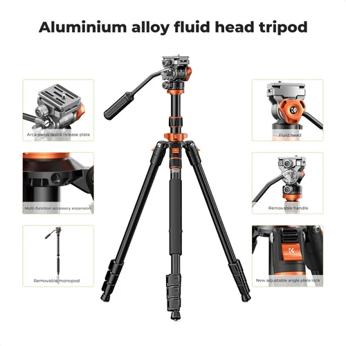 Vista 4 de K&F CONCEPT Trípode de video de cámara de 83 pulgadas para DSLR, trípode de aluminio compacto con cabezal fluido panorámico de 360° para viajes