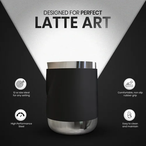 Vista 3 de Rattleware - Jarra Macchiato sin mango de 12 onzas, funda de silicona Control de arte latte sin mango