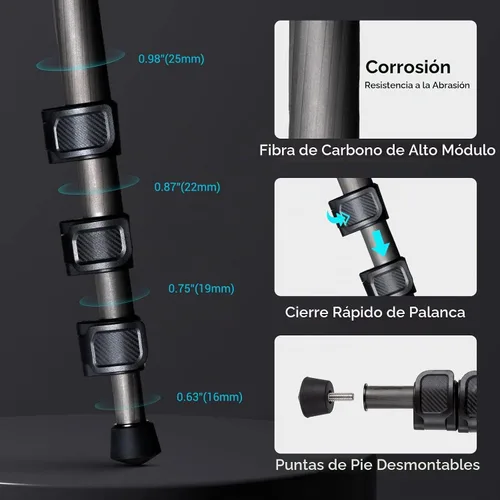 Vista 8 de SmallRig AP-10 Trípode de cámara de fibra de carbono de 52.4 pulgadas máx. Carga útil 11lb Cabezal de bola de 360°, monopie desmontable, ligero