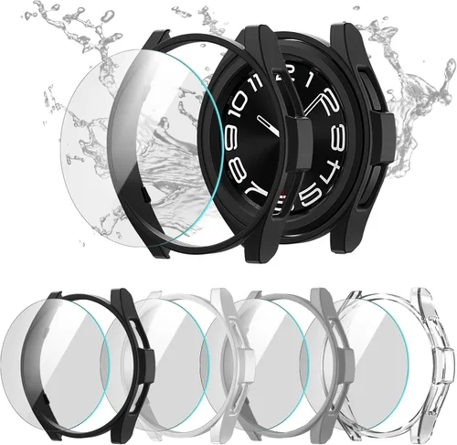 Vista 6 de [Paquete de 4+4] para Galaxy Watch 6 Classic - Funda protectora de pantalla de 1.693 in, accesorios de policarbonato duro con película de vidrio