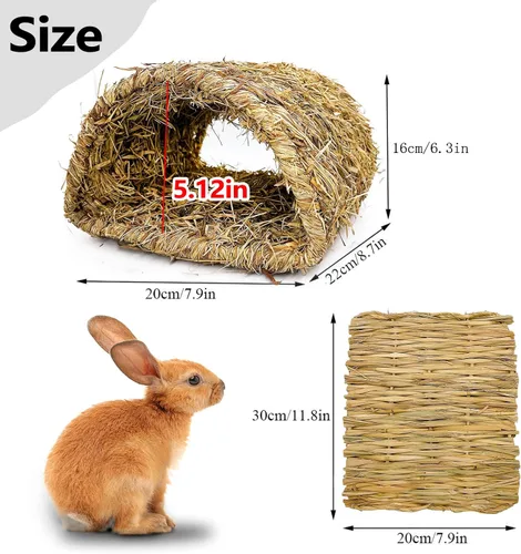 Vista 2 de Hamiledyi Túnel de hierba de conejo, cama de hierba de conejo, tapete tejido de paja natural para invierno, cabaña escondida cálida para conejo