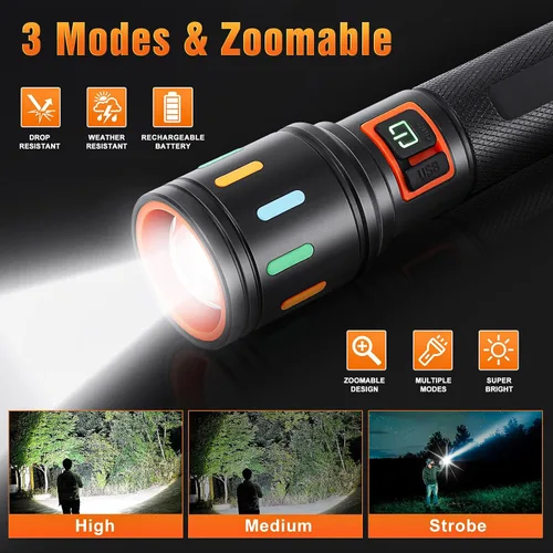 Vista 7 de Linterna táctica súper brillante, linternas LED, alta potencia, 2000 lúmenes con 3 modos de iluminación, luces de flash impermeables con zoom