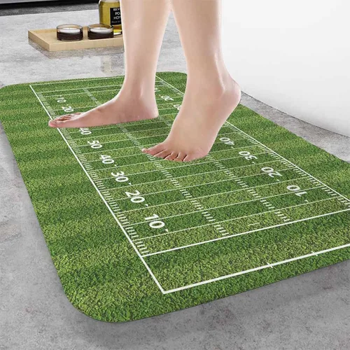 Vista 2 de Tapete de baño de campo de fútbol americano para baño, césped verde, tapete deportivo popular, tapete de baño antideslizante con parte trasera