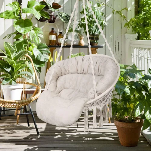 Vista 7 de Silla hamaca con cojín, silla columpio de macramé hecha a mano con kits de accesorios para colgar, estilo bohemio, silla colgante de cuerda de Beige