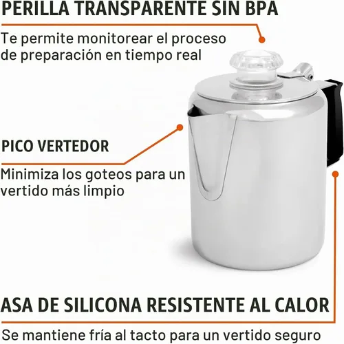 Vista 4 de GSI Outdoors Percolator - Cafetera I Glacier de acero inoxidable con mango de silicona para camping, mochileros, viajes, caravanas y caza, apta
