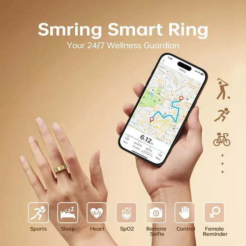 Vista 2 de Anillo inteligente Smring, anillo de seguimiento de fitness, monitor de frecuencia cardíaca rastreador de salud para mujeres/hombres, IP68—sin