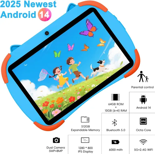 Vista 3 de Tableta para niños de 10 pulgadas, Tabletas Android 14, CPU Octa-core, 10GB+64GB+1TB Expandible, Tabletas para niños con Espacio para niños, Control