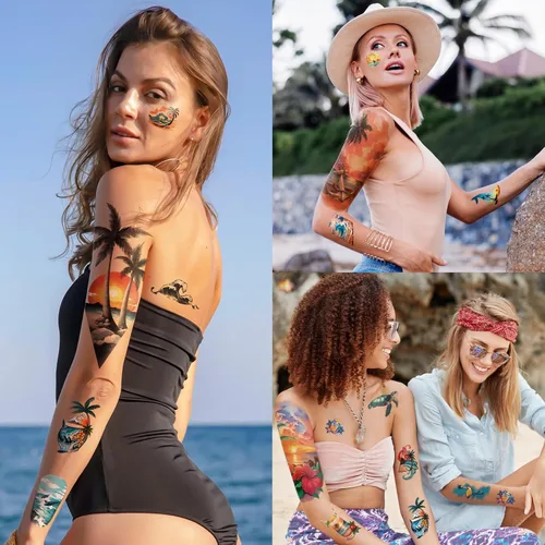 Vista 5 de 77 hojas de tatuajes temporales para mujeres y hombres, 17 hojas de tatuajes falsos de medio brazo de flores de playa, calaveras, atardeceres, 60