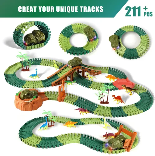 Vista 3 de Jurassic Dinosaur Toys - Carrera de autos de carreras para niños de 4 a 7 años, dinosaurio World Road Race – Juego de pista de tren flexible con 2