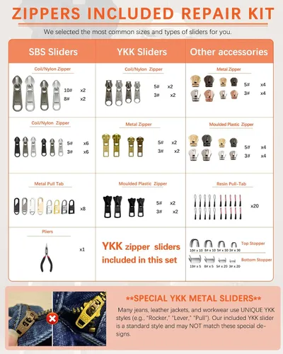 Vista 2 de Kit de reparación de cremalleras VICHERIA (200 piezas) - ¡con deslizadores compatibles con YKK y deslizadores universales! Arregla la mayoría