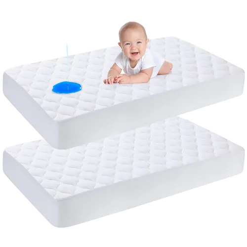 Vista 12 de Yoofoss - Juego de 2 sábanas protectoras impermeables para colchón de cuna, 52 x 28 pulgadas Quilted Soft and Breathable Crib Mattress Pad Cover