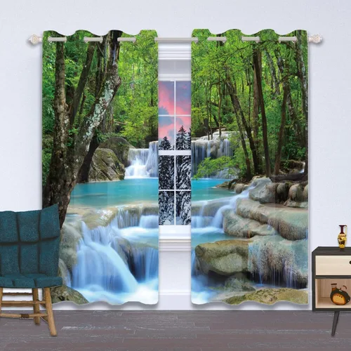 Vista 13 de Renaiss Cortinas opacas con cascada, diseño de bosque profundo, con aislamiento térmico, para dormitorio, árboles, estanques, piedras, para sala