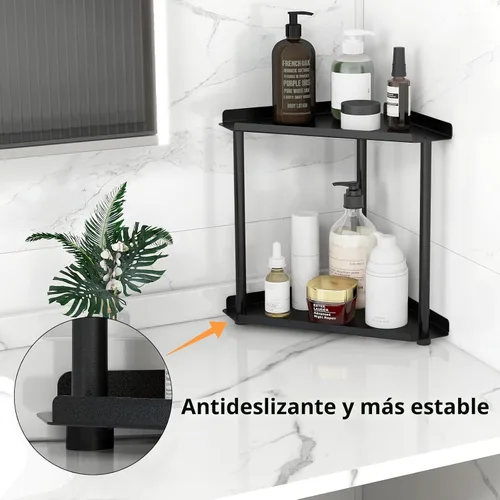 Vista 4 de FLE - Organizador esquinero para encimera de baño, color negro 2 Tier Corner Shelf, Tabletop Mount,Waterproof solid shelf fits bathroom toiletries