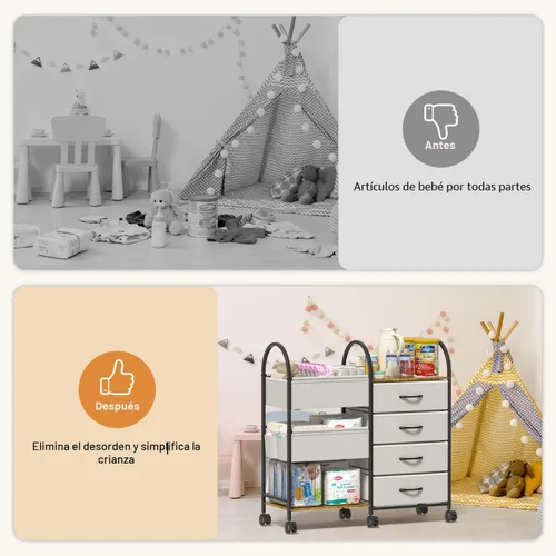 Vista 4 de Carrito organizador de pañales para bebés con ruedas, carrito de pañales rodante de 4 niveles con separadores y cajones, almacenamiento de guardería