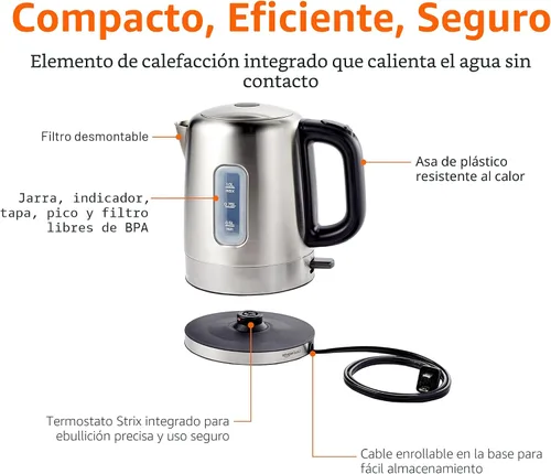 Vista 3 de Amazon Basics Hervidor eléctrico de acero inoxidable para té y café, sin BPA, de ebullición rápida, apagado automático, 1 litro, 1500 W, negro