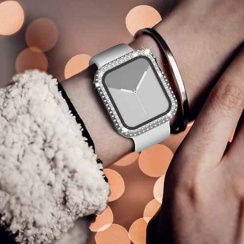 Vista 4 de Funda de dispositivo electrónico portátil para Apple Watch Series 9, 8, 7, 1.614 in, funda plateada brillante con diamantes de imitación de cristal