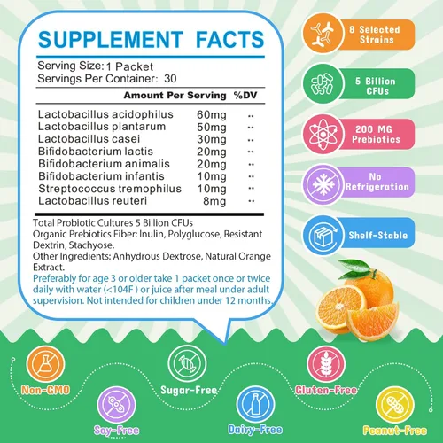 Vista 2 de Probióticos y prebióticos para niños en polvo a partir de 3 años, apoyo al sistema digestivo e inmunológico para niños con fuente natural, promueve