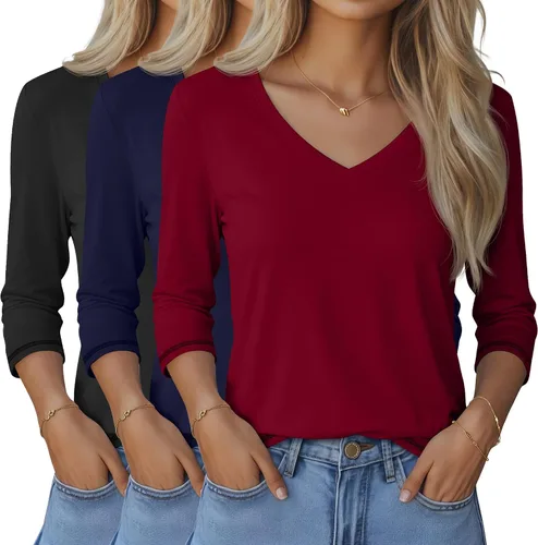 Vista 39 de Ficerd Paquete de 3 camisetas de manga 3/4 para mujer, cuello en V, blusas holgadas, blusas casuales, ropa de moda 2026