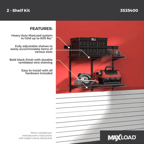 Vista 2 de ClosetMaid Kit de estante de pared resistente para garaje, 2 estantes, estantería de alambre ajustable, acabado negro