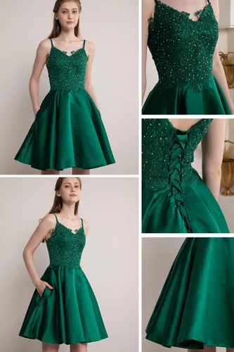 Vista 4 de Tianzhihe Vestidos cortos de encaje con cuentas para regreso a casa, tirantes delgados, vestidos de noche de satén con bolsillos