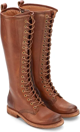 Vista 9 de Frye Veronica Botas de combate altas de 15 pulgadas para mujer hechas de cuero de grano completo con construcción Goodyear Welt, cordones de tela