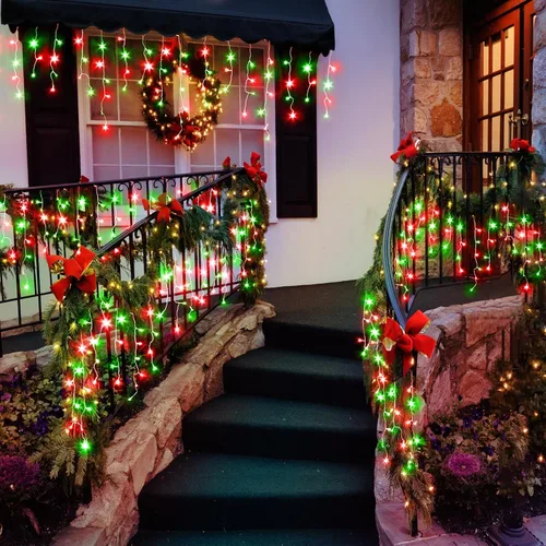 Vista 2 de Luces de carámbano de 33 pies para exteriores, luces de Navidad rojas y verdes para exteriores e interiores, 400 luces LED con 75 caídas